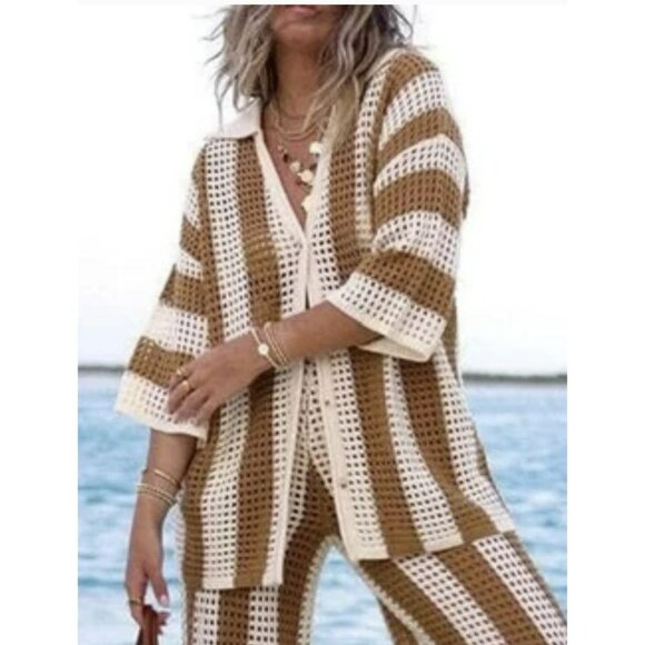 Solitaire Crochet Collared Long Cover Up Shirt Top Medium NWT - Picture 1 of 5